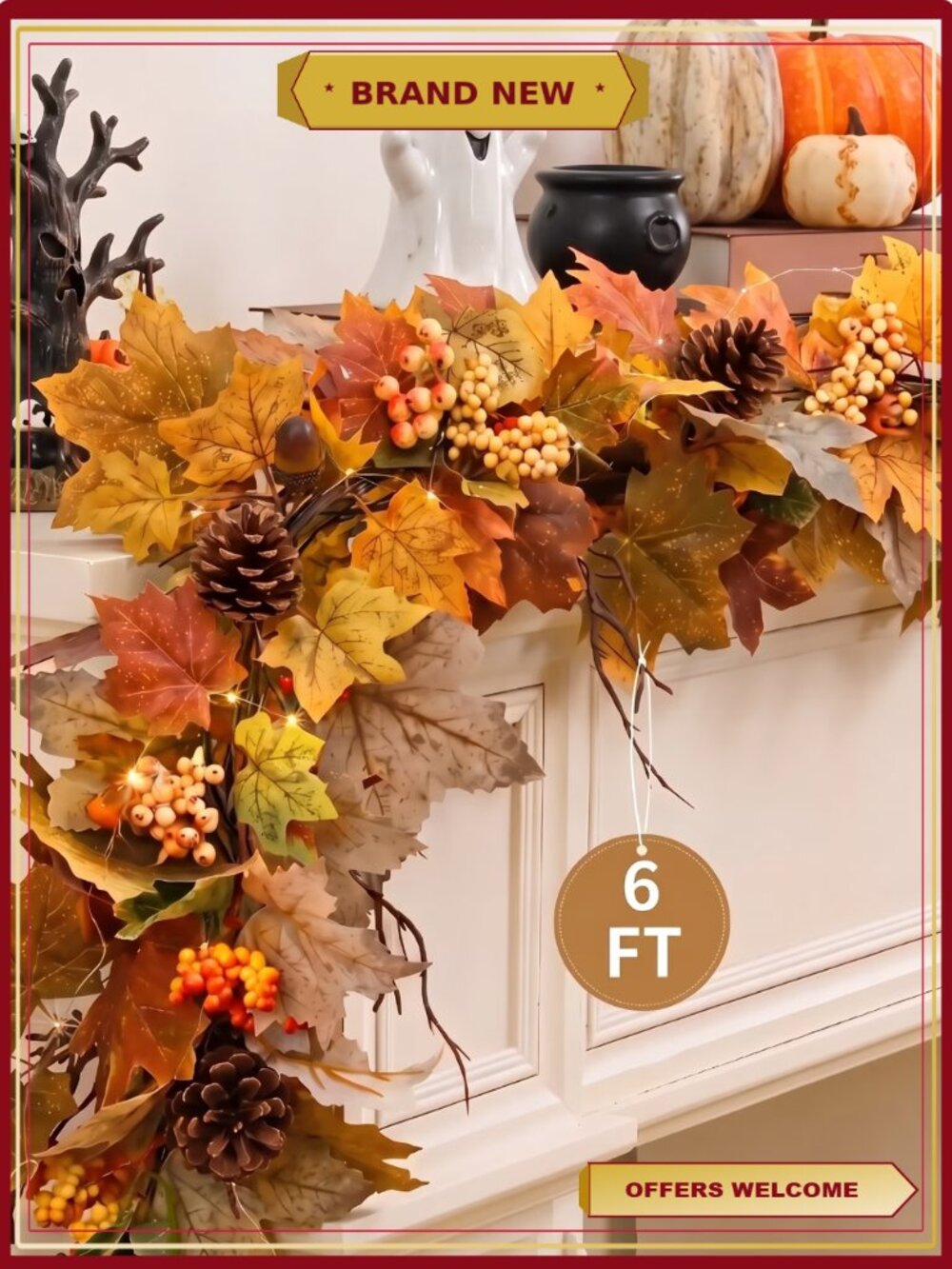 Artificial Fall Garland 6 ft with Lights Berries Maple Leaves Thanksgiving Home